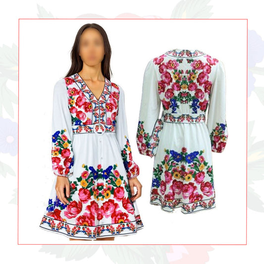 Floral Art Elegant V Neck Tunic Casual Midi Dress