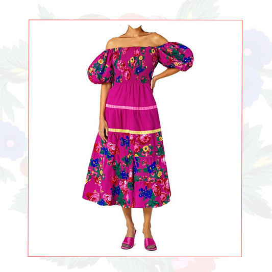 Floral Art Long Section Big Swing Dresses with Ribbon