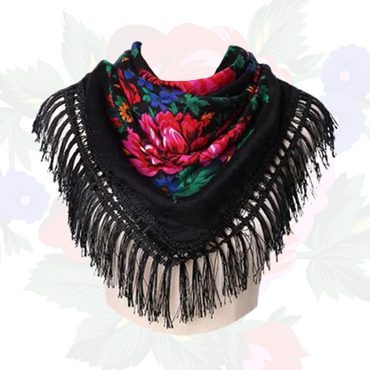 Fringed Metallic Kokum Floral Scarf